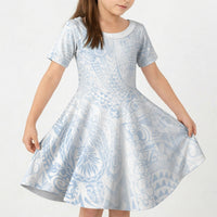 Hawaiian Turtles and Leis Kid Short Sleeve Dress Tribal Kakau Pattern Airy White Blue Cloud Vibe LT03 KID White - Polynesian Pride