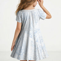 Hawaiian Turtles and Leis Kid Short Sleeve Dress Tribal Kakau Pattern Airy White Blue Cloud Vibe LT03 - Polynesian Pride