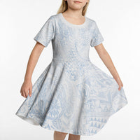 Hawaiian Turtles and Leis Kid Short Sleeve Dress Tribal Kakau Pattern Airy White Blue Cloud Vibe LT03 - Polynesian Pride
