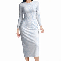 Hawaiian Turtles and Leis Long Sleeve Bodycon Dress Tribal Kakau Pattern Airy White Blue Cloud Vibe LT03 Long Dress White - Polynesian Pride