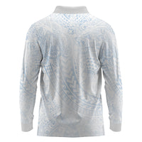 Hawaiian Turtles and Leis Long Sleeve Polo Shirt Tribal Kakau Pattern Airy White Blue Cloud Vibe