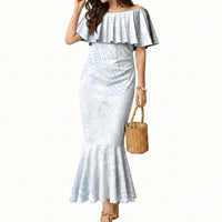 Hawaiian Turtles and Leis Mermaid Dress Tribal Kakau Pattern Airy White Blue Cloud Vibe LT03 Women White - Polynesian Pride