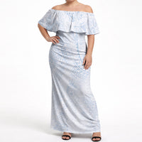 Hawaiian Turtles and Leis Off Shoulder Maxi Dress Tribal Kakau Pattern Airy White Blue Cloud Vibe LT03 Women White - Polynesian Pride