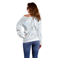 Hawaiian Turtles and Leis Off Shoulder Sweater Tribal Kakau Pattern Airy White Blue Cloud Vibe