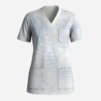 Hawaiian Turtles and Leis Scrub Top Tribal Kakau Pattern Airy White Blue Cloud Vibe