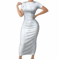 Hawaiian Turtles and Leis Short Sleeve Bodycon Dress Tribal Kakau Pattern Airy White Blue Cloud Vibe LT03 Long Dress White - Polynesian Pride