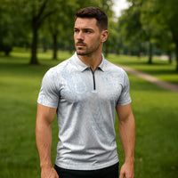 Hawaiian Turtles and Leis Zipper Polo Shirt Tribal Kakau Pattern Airy White Blue Cloud Vibe LT03 - Polynesian Pride
