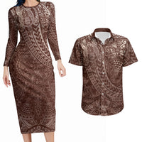 Hawaiian Turtles and Leis Couples Matching Long Sleeve Bodycon Dress and Hawaiian Shirt Tribal Kakau Pattern Mocha Mousse Color LT03 Mocha Mousse - Polynesian Pride