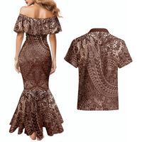 Hawaiian Turtles and Leis Couples Matching Mermaid Dress and Hawaiian Shirt Tribal Kakau Pattern Mocha Mousse Color