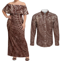 Hawaiian Turtles and Leis Couples Matching Off Shoulder Maxi Dress and Long Sleeve Button Shirt Tribal Kakau Pattern Mocha Mousse Color LT03 Mocha Mousse - Polynesian Pride