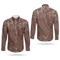 Hawaiian Turtles and Leis Couples Matching Off Shoulder Maxi Dress and Long Sleeve Button Shirt Tribal Kakau Pattern Mocha Mousse Color LT03 - Polynesian Pride