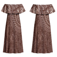 Hawaiian Turtles and Leis Couples Matching Off Shoulder Maxi Dress and Long Sleeve Button Shirt Tribal Kakau Pattern Mocha Mousse Color LT03 - Polynesian Pride
