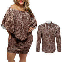 Hawaiian Turtles and Leis Couples Matching Off Shoulder Short Dress and Long Sleeve Button Shirt Tribal Kakau Pattern Mocha Mousse Color LT03 Mocha Mousse - Polynesian Pride