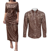 Hawaiian Turtles and Leis Couples Matching Puletasi and Long Sleeve Button Shirt Tribal Kakau Pattern Mocha Mousse Color LT03 Mocha Mousse - Polynesian Pride
