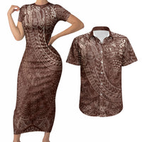 Hawaiian Turtles and Leis Couples Matching Short Sleeve Bodycon Dress and Hawaiian Shirt Tribal Kakau Pattern Mocha Mousse Color LT03 Mocha Mousse - Polynesian Pride