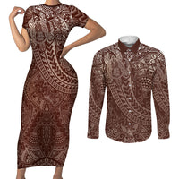 Hawaiian Turtles and Leis Couples Matching Short Sleeve Bodycon Dress and Long Sleeve Button Shirt Tribal Kakau Pattern Mocha Mousse Color