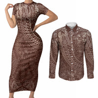 Hawaiian Turtles and Leis Couples Matching Short Sleeve Bodycon Dress and Long Sleeve Button Shirt Tribal Kakau Pattern Mocha Mousse Color LT03 Mocha Mousse - Polynesian Pride