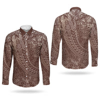 Hawaiian Turtles and Leis Couples Matching Short Sleeve Bodycon Dress and Long Sleeve Button Shirt Tribal Kakau Pattern Mocha Mousse Color LT03 - Polynesian Pride