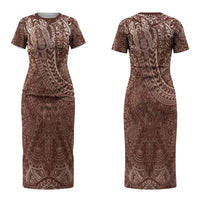 Hawaiian Turtles and Leis Couples Matching Short Sleeve Bodycon Dress and Long Sleeve Button Shirt Tribal Kakau Pattern Mocha Mousse Color LT03 - Polynesian Pride