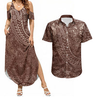 Hawaiian Turtles and Leis Couples Matching Summer Maxi Dress and Hawaiian Shirt Tribal Kakau Pattern Mocha Mousse Color LT03 Mocha Mousse - Polynesian Pride