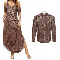 Hawaiian Turtles and Leis Couples Matching Summer Maxi Dress and Long Sleeve Button Shirt Tribal Kakau Pattern Mocha Mousse Color LT03 Mocha Mousse - Polynesian Pride