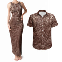 Hawaiian Turtles and Leis Couples Matching Tank Maxi Dress and Hawaiian Shirt Tribal Kakau Pattern Mocha Mousse Color LT03 Mocha Mousse - Polynesian Pride