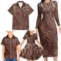 Hawaiian Turtles and Leis Family Matching Long Sleeve Bodycon Dress and Hawaiian Shirt Tribal Kakau Pattern Mocha Mousse Color LT03 - Polynesian Pride