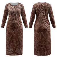Hawaiian Turtles and Leis Family Matching Long Sleeve Bodycon Dress and Hawaiian Shirt Tribal Kakau Pattern Mocha Mousse Color LT03 Mom's Dress Mocha Mousse - Polynesian Pride