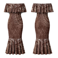 Hawaiian Turtles and Leis Family Matching Mermaid Dress and Hawaiian Shirt Tribal Kakau Pattern Mocha Mousse Color LT03 Mom's Dress Mocha Mousse - Polynesian Pride