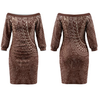 Hawaiian Turtles and Leis Family Matching Off The Shoulder Long Sleeve Dress and Hawaiian Shirt Tribal Kakau Pattern Mocha Mousse Color LT03 Mom's Dress Mocha Mousse - Polynesian Pride