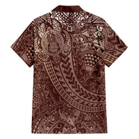 Hawaiian Turtles and Leis Family Matching Off The Shoulder Long Sleeve Dress and Hawaiian Shirt Tribal Kakau Pattern Mocha Mousse Color
