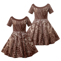 Hawaiian Turtles and Leis Family Matching Off The Shoulder Long Sleeve Dress and Hawaiian Shirt Tribal Kakau Pattern Mocha Mousse Color LT03 Daughter's Dress Mocha Mousse - Polynesian Pride