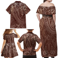 Hawaiian Turtles and Leis Family Matching Off Shoulder Maxi Dress and Hawaiian Shirt Tribal Kakau Pattern Mocha Mousse Color