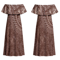 Hawaiian Turtles and Leis Family Matching Off Shoulder Maxi Dress and Hawaiian Shirt Tribal Kakau Pattern Mocha Mousse Color LT03 Mom's Dress Mocha Mousse - Polynesian Pride