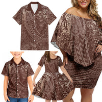 Hawaiian Turtles and Leis Family Matching Off Shoulder Short Dress and Hawaiian Shirt Tribal Kakau Pattern Mocha Mousse Color LT03 - Polynesian Pride