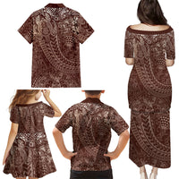 Hawaiian Turtles and Leis Family Matching Puletasi and Hawaiian Shirt Tribal Kakau Pattern Mocha Mousse Color