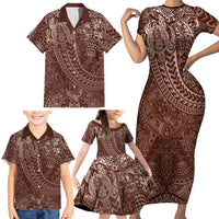 Hawaiian Turtles and Leis Family Matching Short Sleeve Bodycon Dress and Hawaiian Shirt Tribal Kakau Pattern Mocha Mousse Color