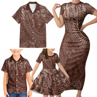 Hawaiian Turtles and Leis Family Matching Short Sleeve Bodycon Dress and Hawaiian Shirt Tribal Kakau Pattern Mocha Mousse Color LT03 - Polynesian Pride