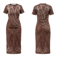 Hawaiian Turtles and Leis Family Matching Short Sleeve Bodycon Dress and Hawaiian Shirt Tribal Kakau Pattern Mocha Mousse Color LT03 Mom's Dress Mocha Mousse - Polynesian Pride