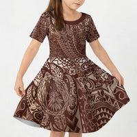 Hawaiian Turtles and Leis Kid Short Sleeve Dress Tribal Kakau Pattern Mocha Mousse Color LT03 KID Mocha Mousse - Polynesian Pride
