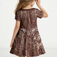 Hawaiian Turtles and Leis Kid Short Sleeve Dress Tribal Kakau Pattern Mocha Mousse Color LT03 - Polynesian Pride