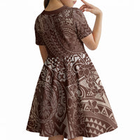 Hawaiian Turtles and Leis Kid Short Sleeve Dress Tribal Kakau Pattern Mocha Mousse Color LT03 - Polynesian Pride