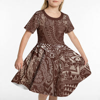 Hawaiian Turtles and Leis Kid Short Sleeve Dress Tribal Kakau Pattern Mocha Mousse Color LT03 - Polynesian Pride