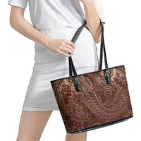 Hawaiian Turtles and Leis Leather Tote Bag Tribal Kakau Pattern Mocha Mousse Color