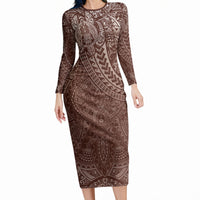 Hawaiian Turtles and Leis Long Sleeve Bodycon Dress Tribal Kakau Pattern Mocha Mousse Color LT03 Long Dress Mocha Mousse - Polynesian Pride
