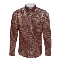 Hawaiian Turtles and Leis Long Sleeve Button Shirt Tribal Kakau Pattern Mocha Mousse Color