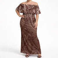 Hawaiian Turtles and Leis Off Shoulder Maxi Dress Tribal Kakau Pattern Mocha Mousse Color LT03 Women Mocha Mousse - Polynesian Pride