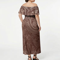 Hawaiian Turtles and Leis Off Shoulder Maxi Dress Tribal Kakau Pattern Mocha Mousse Color LT03 - Polynesian Pride