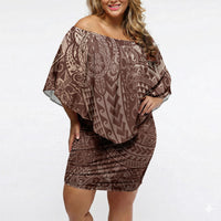 Hawaiian Turtles and Leis Off Shoulder Short Dress Tribal Kakau Pattern Mocha Mousse Color LT03 Women Mocha Mousse - Polynesian Pride