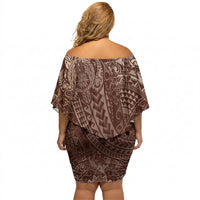 Hawaiian Turtles and Leis Off Shoulder Short Dress Tribal Kakau Pattern Mocha Mousse Color LT03 - Polynesian Pride